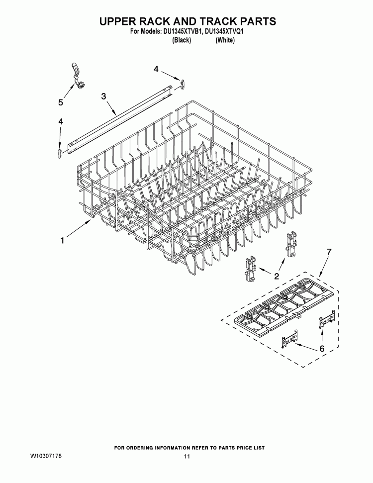 UPPER RACK AND TRACK PARTS Diagram and Parts List for DU1345XTVQ1  Whirlpool Dishwasher