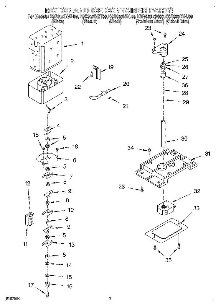 MOTOR AND ICE CONTAINER Diagram and Parts List for KSRS25IKBL00  KitchenAid Refrigerator