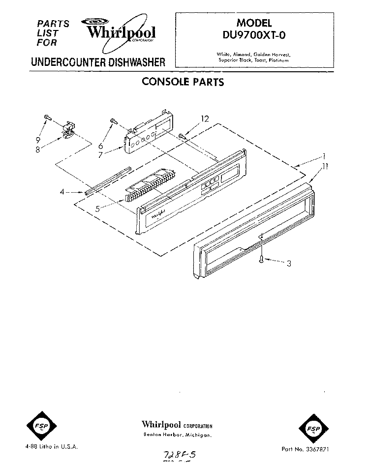 CONSOLE Diagram and Parts List for DU9700XT0  Whirlpool Dishwasher