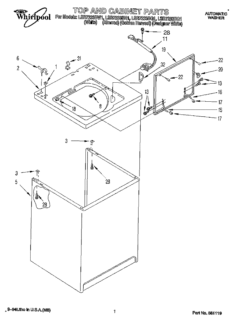 TOP AND CABINET, LIT/OPTIONAL Diagram and Parts List for LSR7233BG1  Whirlpool Washer