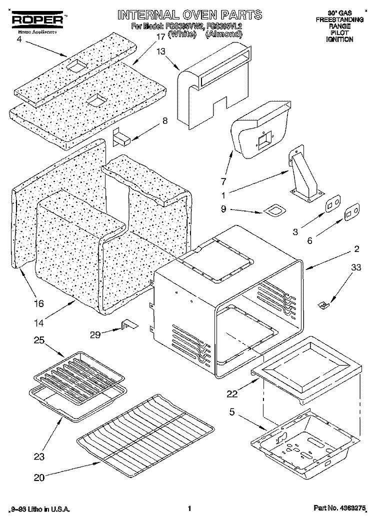 INTERNAL OVEN Diagram and Parts List for FGS395VL2  Whirlpool Range