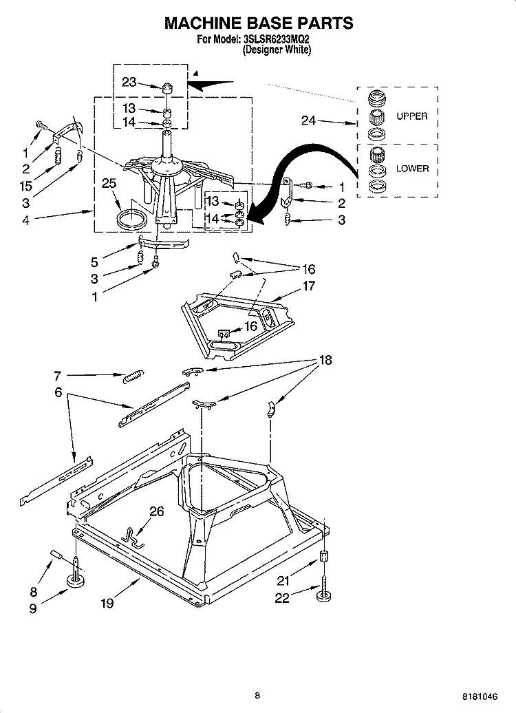 MACHINE BASE PARTS Diagram and Parts List for 3SLSR6233MQ2  Whirlpool Washer