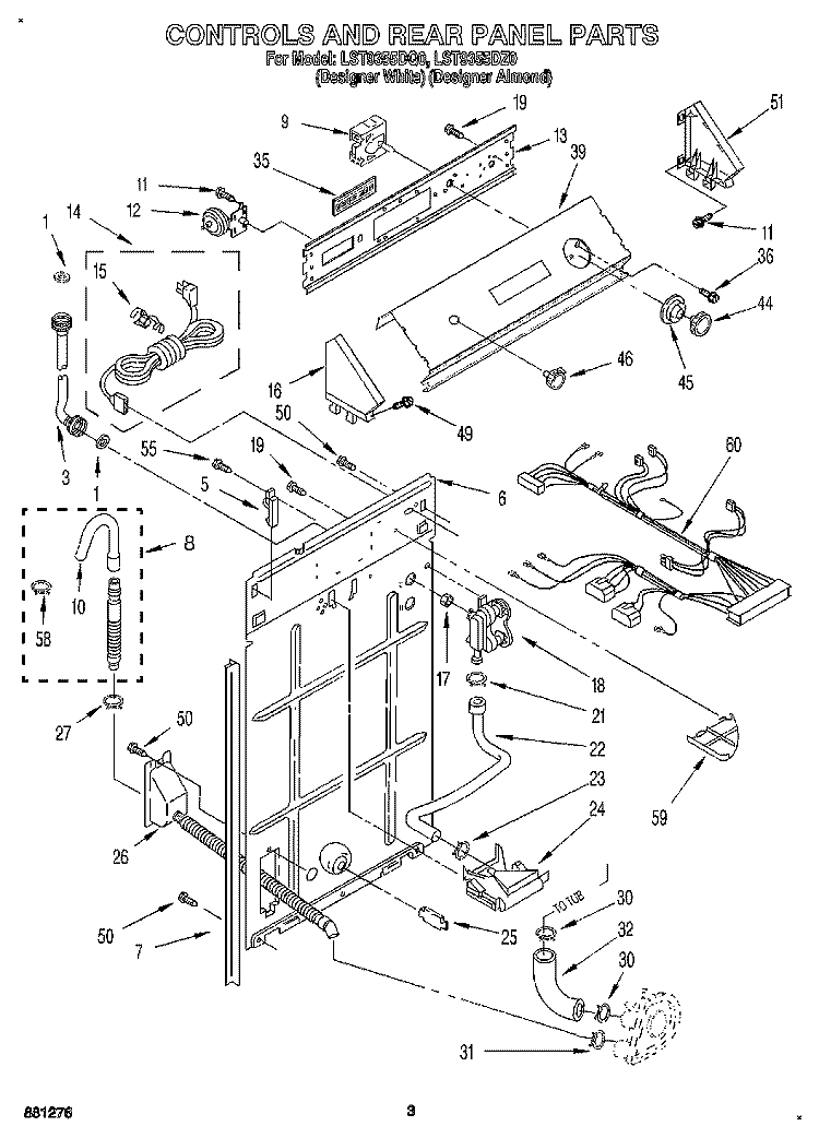 CONTROLS AND REAR PANEL Diagram and Parts List for LST9355DZ0  Whirlpool Washer