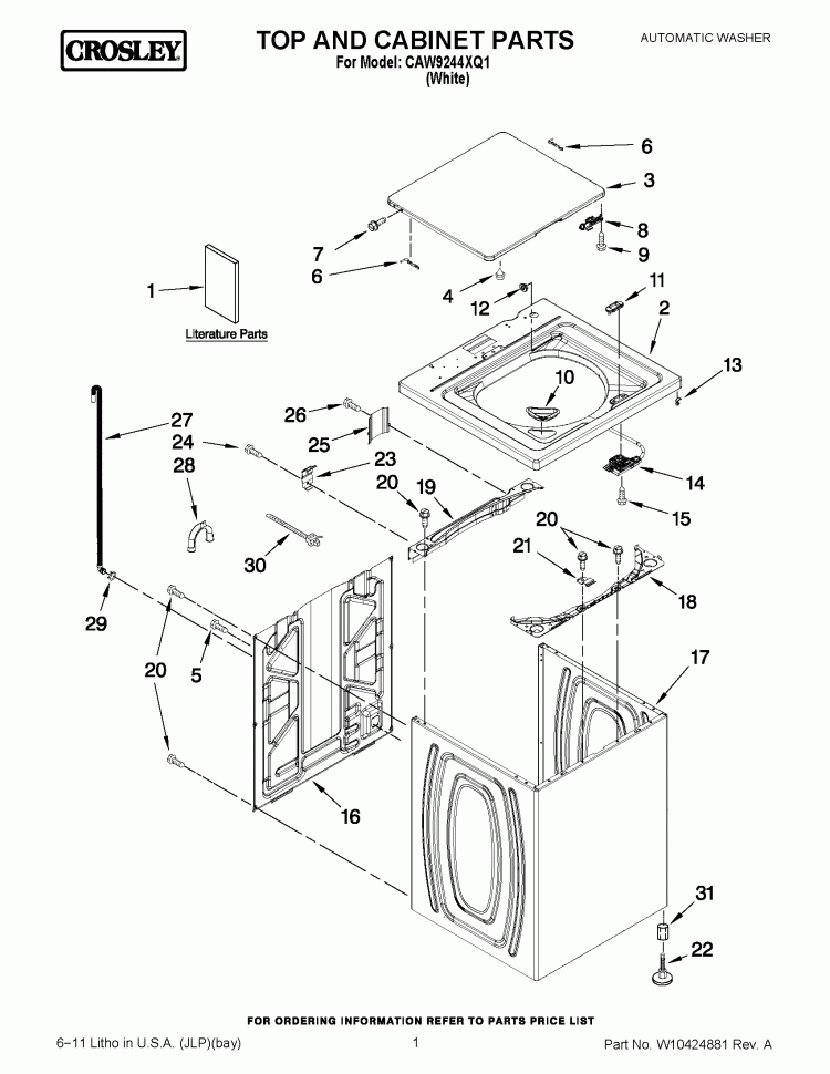 TOP AND CABINET PARTS Diagram and Parts List for CAW9244XQ1  Whirlpool Washer