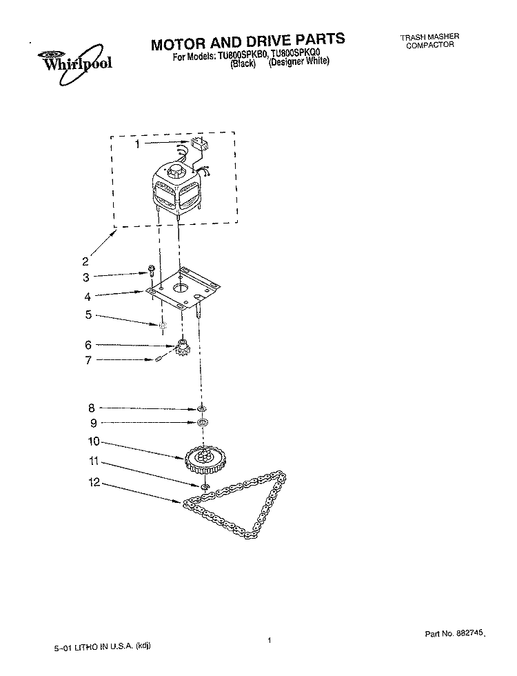 MOTOR AND DRIVE, LIT/OPTIONAL Diagram and Parts List for TU800SPKQ0  Whirlpool Trash Compactor