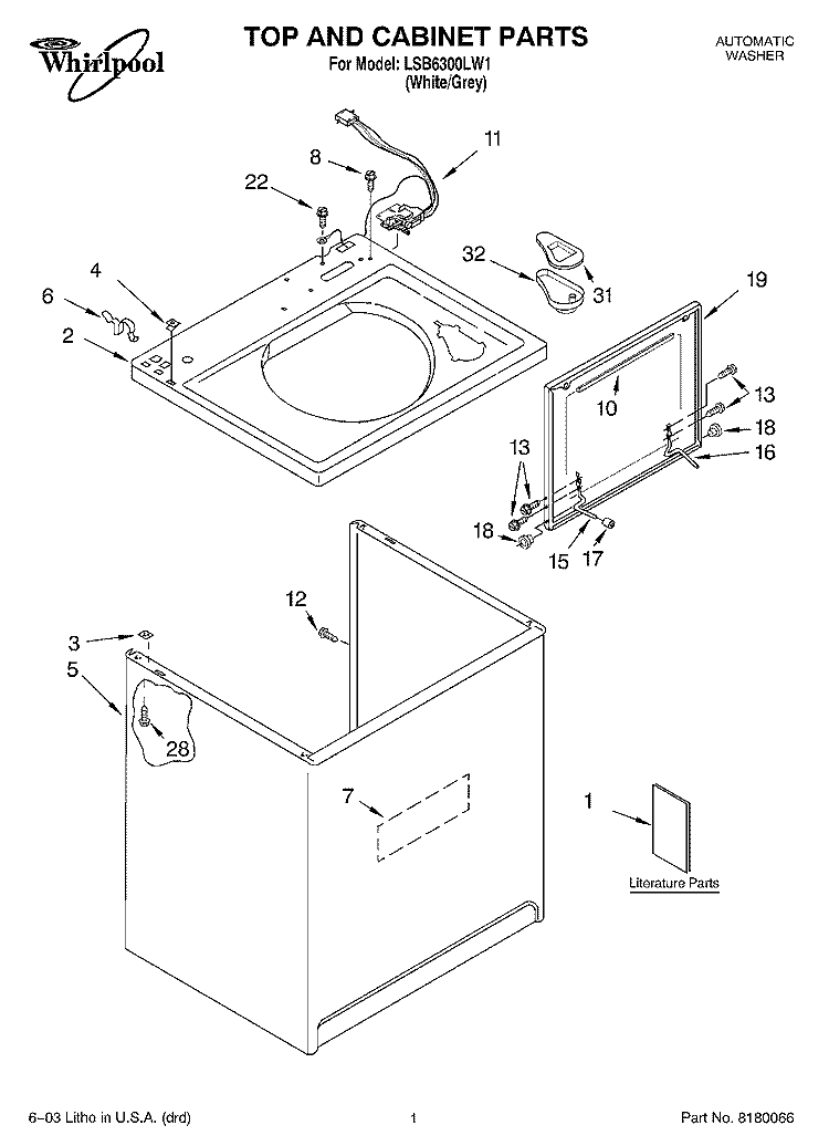 TOP AND CABINET PARTS Diagram and Parts List for LSB6300LW1  Whirlpool Washer