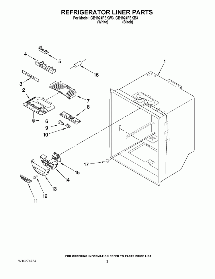 REFRIGERATOR LINER PARTS Diagram and Parts List for GB1924PEKB3  Whirlpool Refrigerator