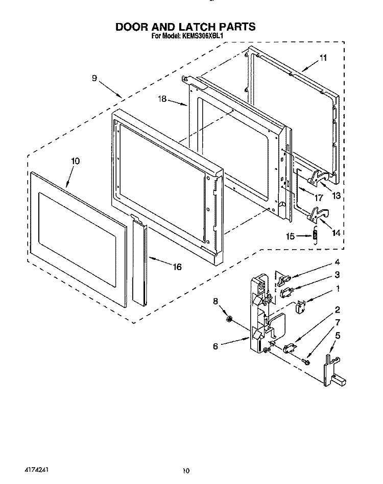 DOOR AND LATCH Diagram and Parts List for KEMS306XWH1  KitchenAid Wall Oven