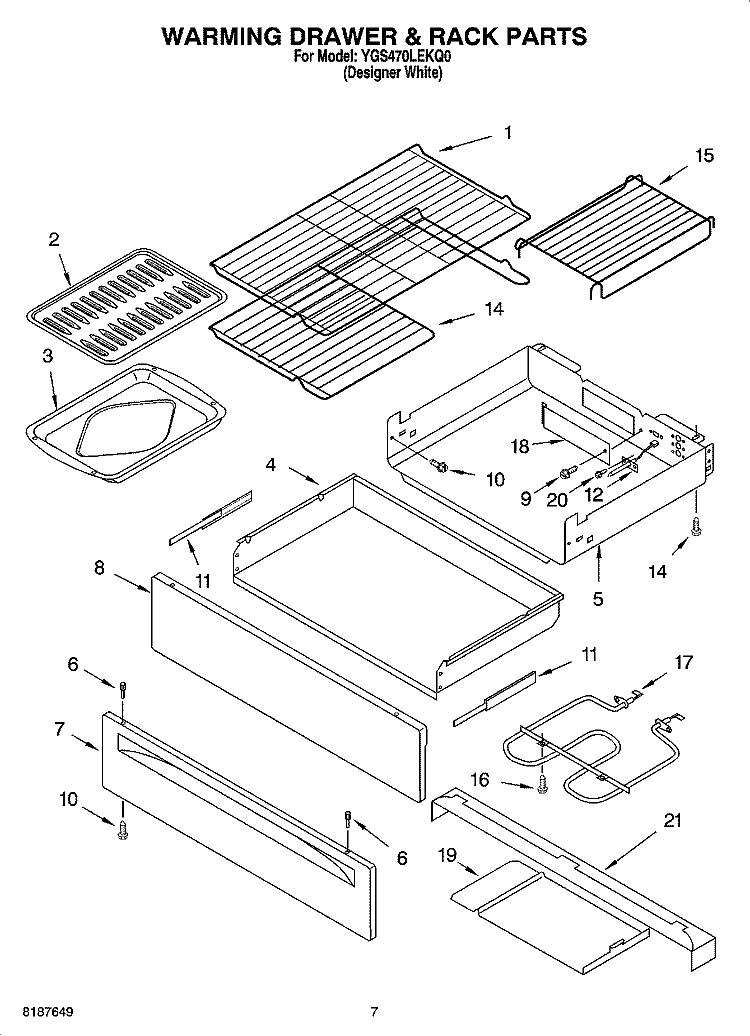 WARMING DRAWER & RACK PARTS Diagram and Parts List for YGS470LEKQ0  Whirlpool Range