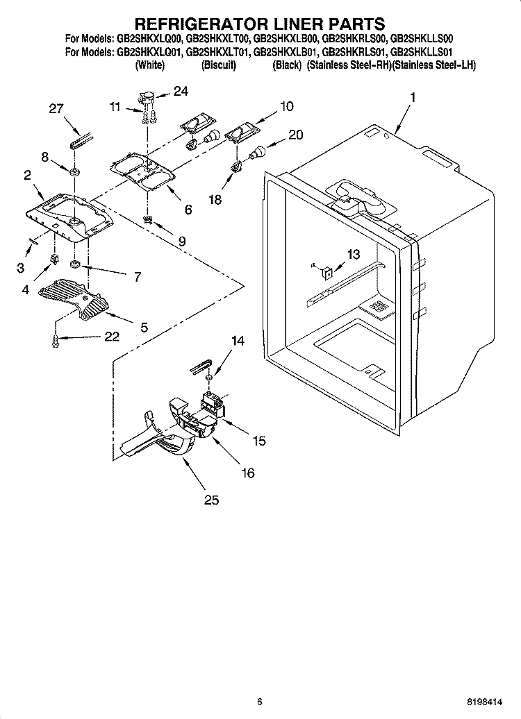 REFRIGERATOR LINER PARTS Diagram and Parts List for GB2SHKRLS01  Whirlpool Refrigerator