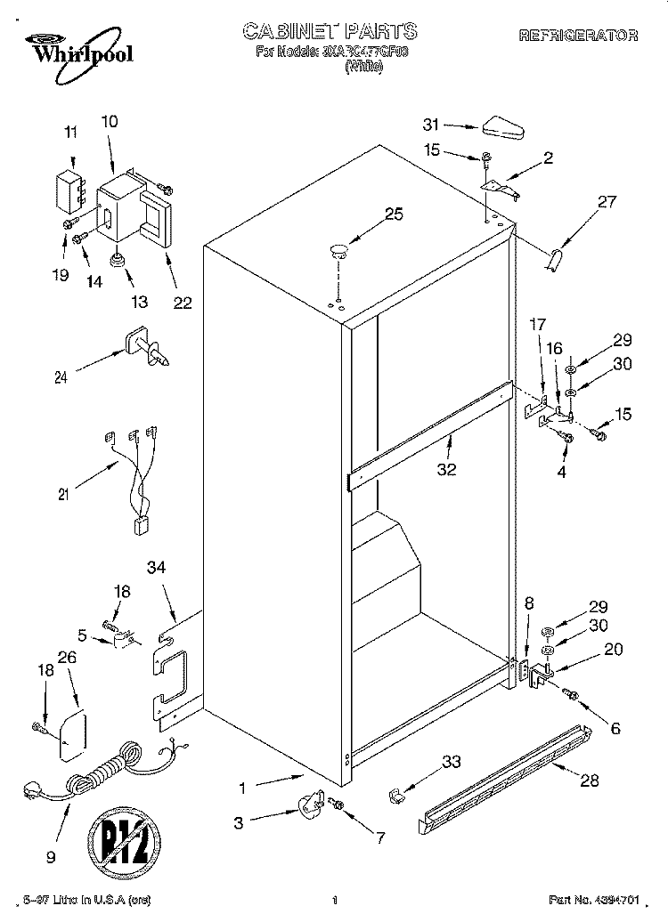 CABINET Diagram and Parts List for 3XARG477GF00  Whirlpool Refrigerator
