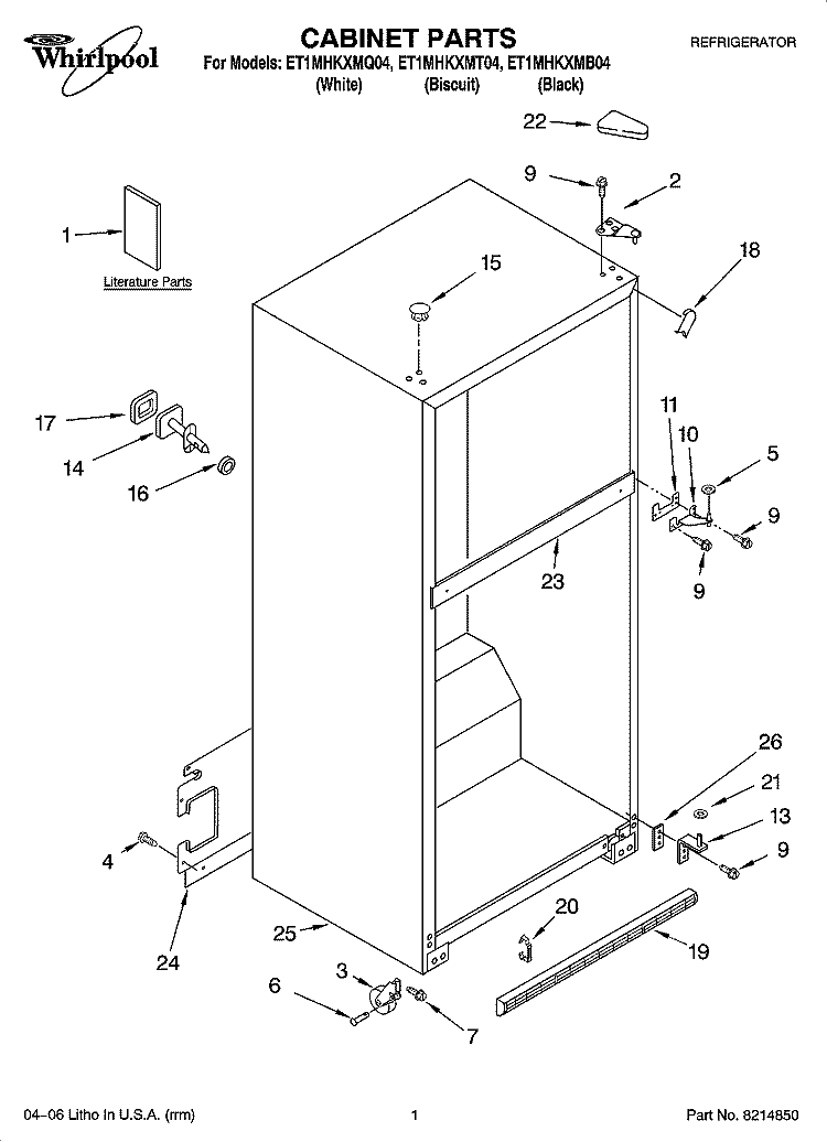 CABINET PARTS Diagram and Parts List for ET1MHKXMT04  Whirlpool Refrigerator