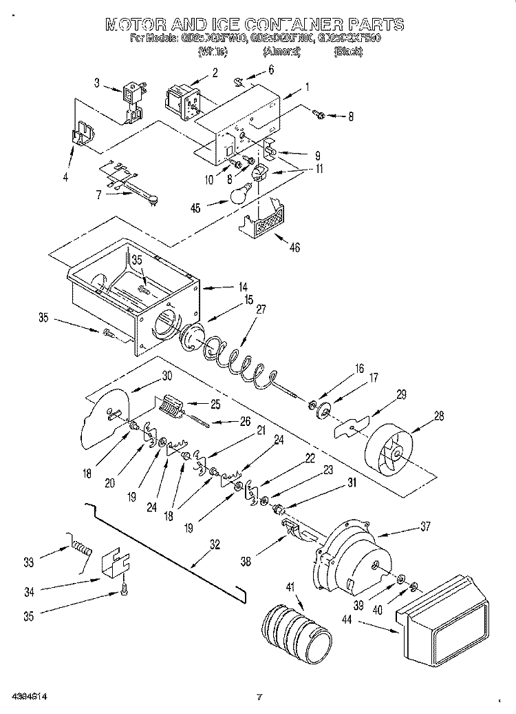 MOTOR AND ICE CONTAINER Diagram and Parts List for GD25DQXFN00  Whirlpool Refrigerator