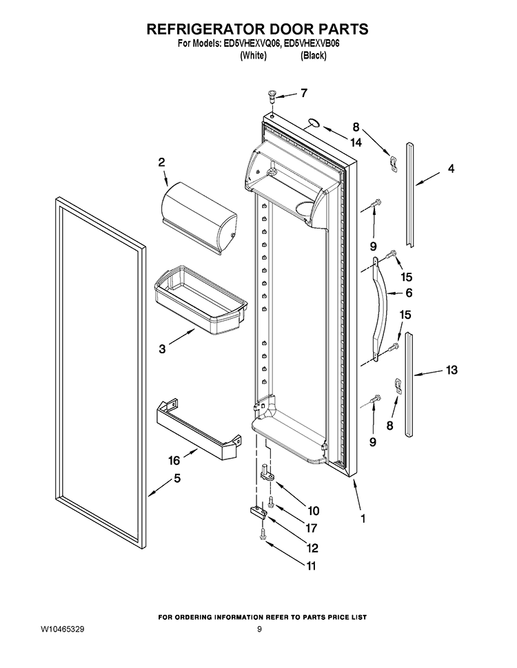 REFRIGERATOR DOOR PARTS Diagram and Parts List for ED5VHEXVQ06  Whirlpool Refrigerator