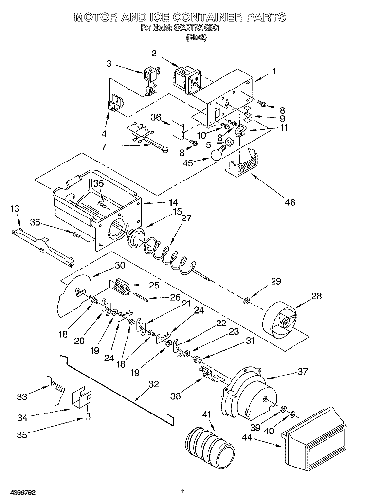 MOTOR AND ICE CONTAINER Diagram and Parts List for 3XART731GB01  Whirlpool Refrigerator
