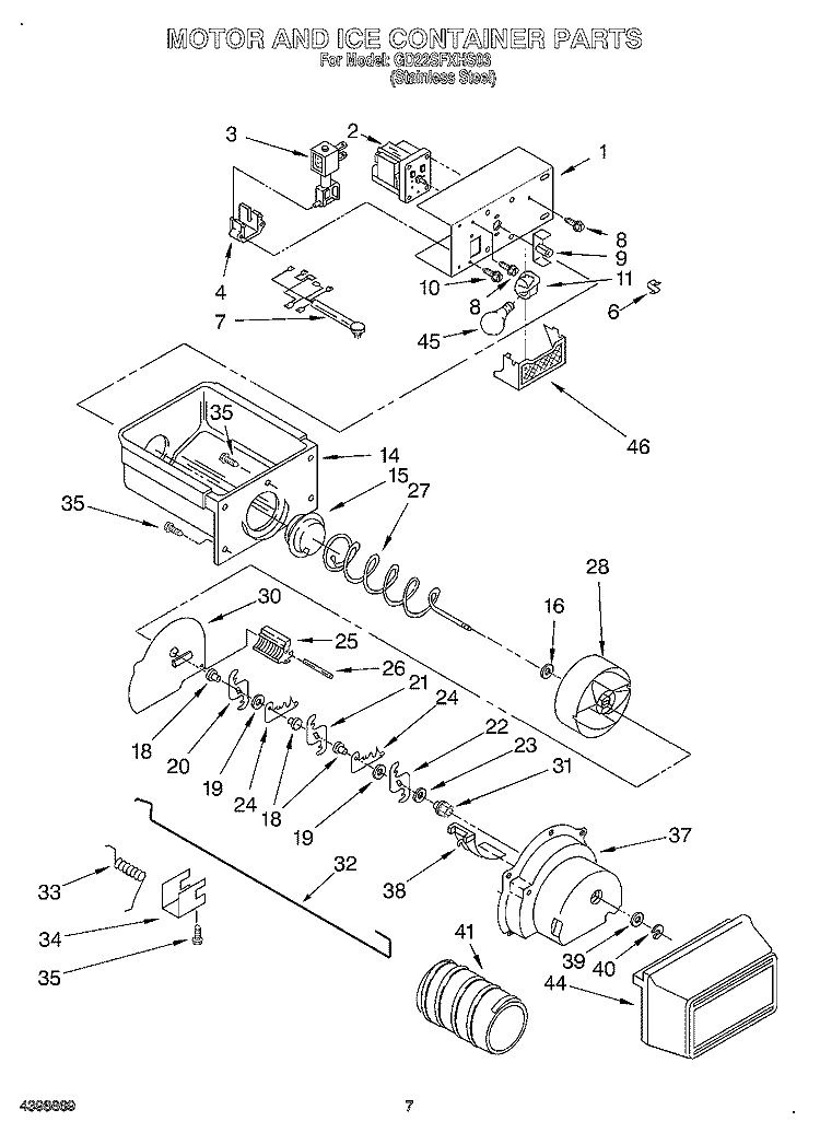 MOTOR AND ICE CONTAINER Diagram and Parts List for GD22SFXHS03  Whirlpool Refrigerator