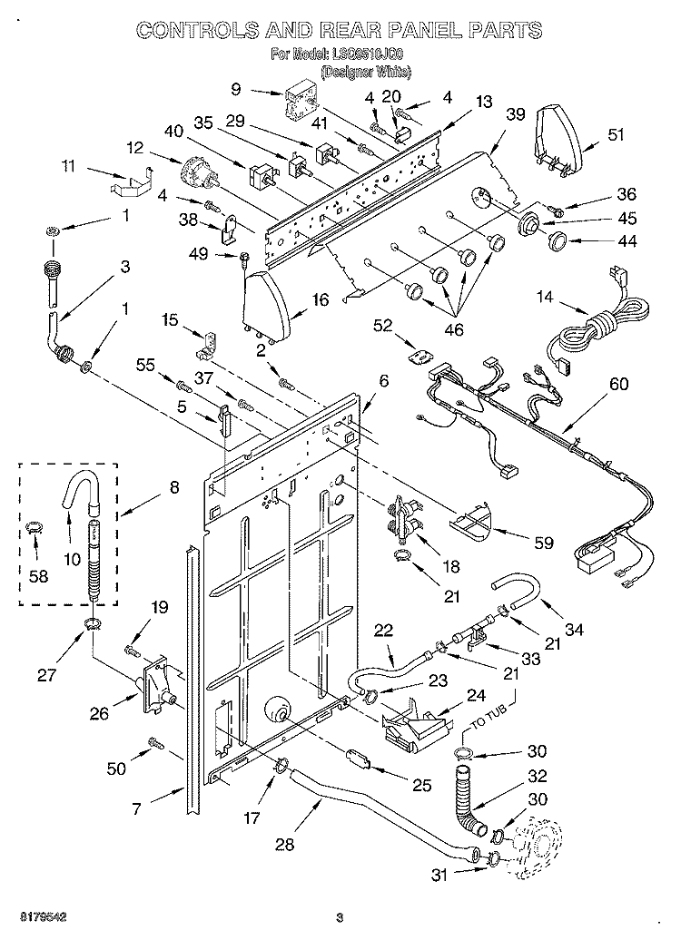 CONTROLS AND REAR PANEL Diagram and Parts List for LSQ9510JQ0  Whirlpool Washer