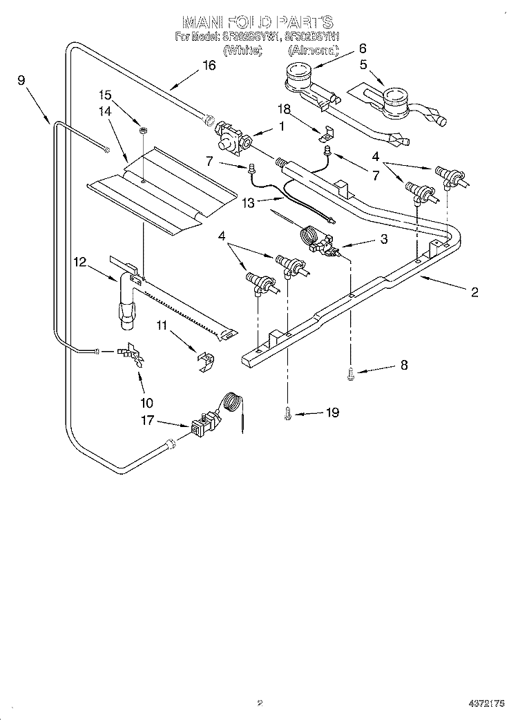 MANIFOLD Diagram and Parts List for SF302BSYN1  Whirlpool Range