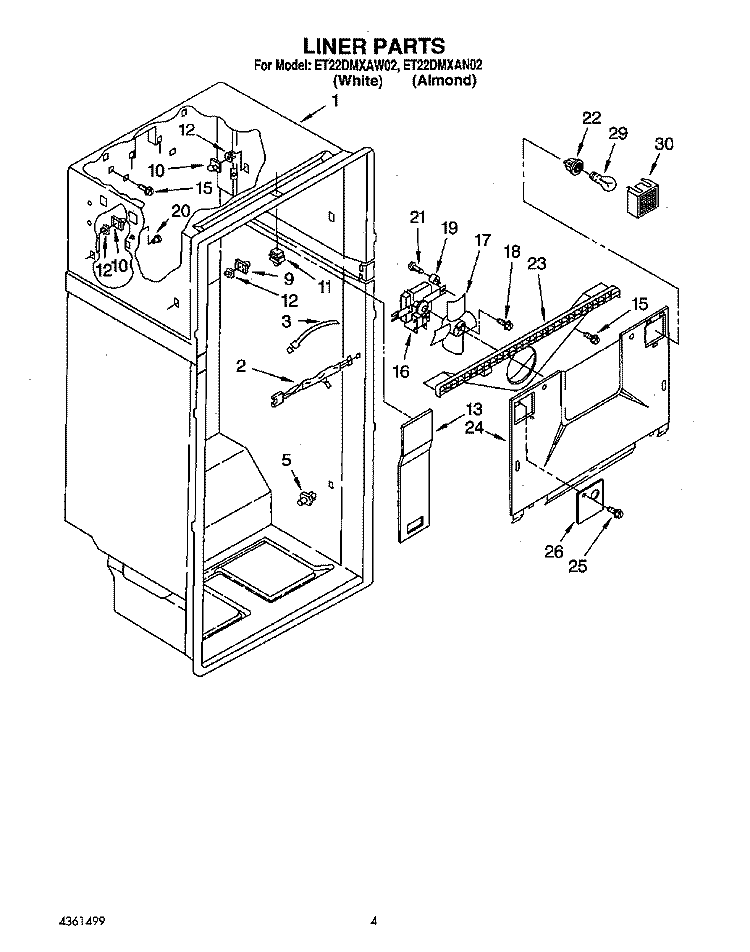 LINER Diagram and Parts List for ET22DMXAN02  Whirlpool Refrigerator