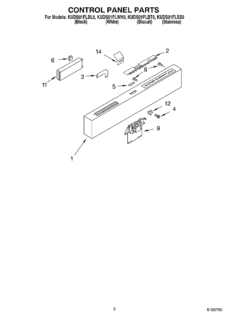 CONTROL PANEL Diagram and Parts List for KUDS01FLBS0  Whirlpool Dishwasher