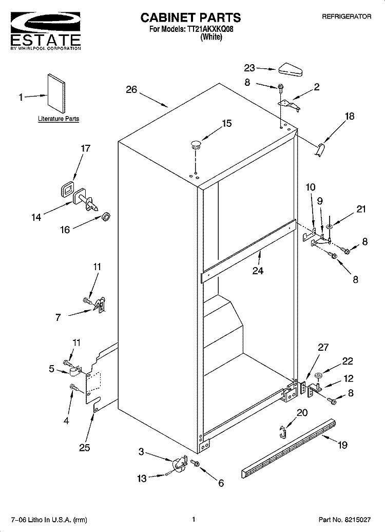 CABINET PARTS Diagram and Parts List for TT21AKXKQ08  Estate Refrigerator
