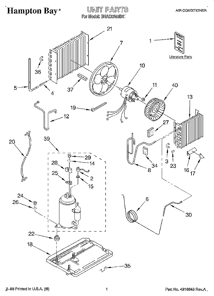 UNIT, LITERATURE Diagram and Parts List for BHAC0500BS1  Whirlpool Air Conditioner