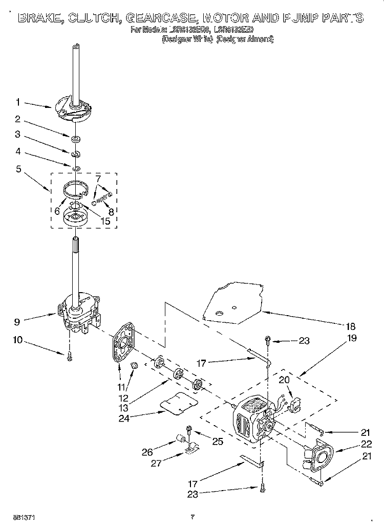 BRAKE, CLUTCH, GEARCASE, MOTOR AND PUMP Diagram and Parts List for LSR6132EZ0  Whirlpool Washer