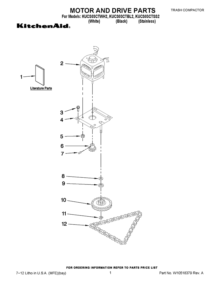 MOTOR AND DRIVE PARTS Diagram and Parts List for KUCS03CTWH2  KitchenAid Trash Compactor