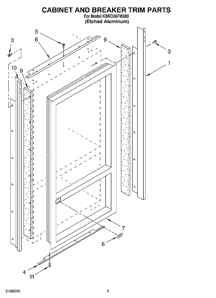CABINET AND BREAKER TRIM PARTS Diagram and Parts List for KBRO36FMX00  KitchenAid Refrigerator