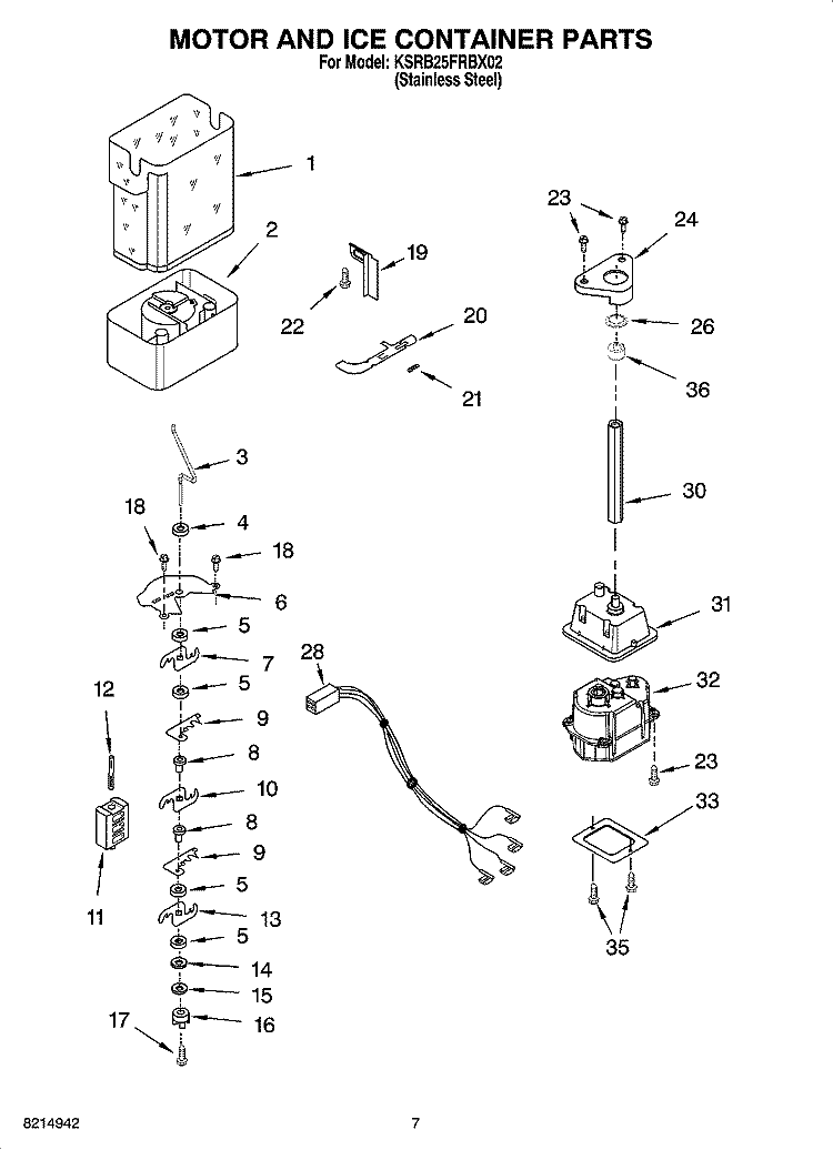 MOTOR AND ICE CONTAINER PARTS Diagram and Parts List for KSRB25FRBX02  KitchenAid Refrigerator