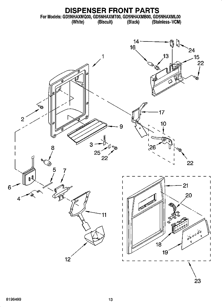 DISPENSER FRONT PARTS Diagram and Parts List for GD5NHAXMQ00  Whirlpool Refrigerator
