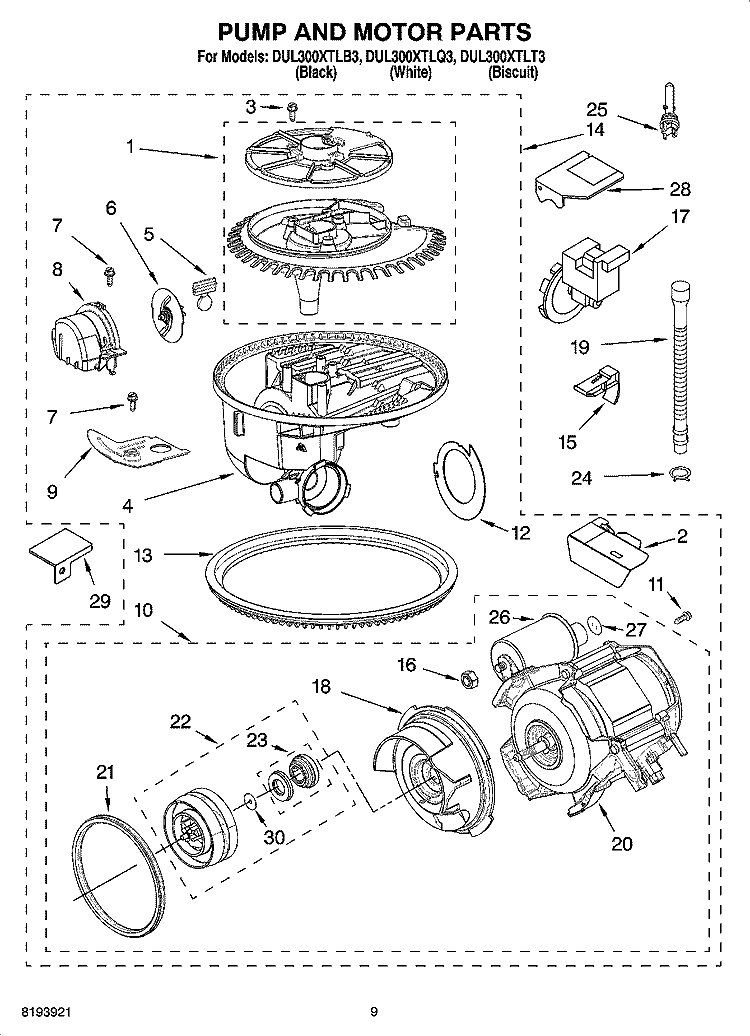 PUMP AND MOTOR PARTS Diagram and Parts List for DUL300XTLT3  Whirlpool Dishwasher