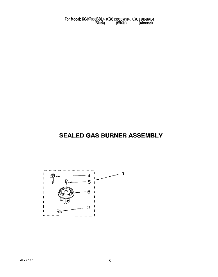 SEALED GAS BURNER ASSEMBLY Diagram and Parts List for KGCT305BBL4  KitchenAid Cooktop