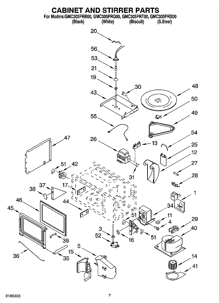 CABINET AND STIRRER PARTS Diagram and Parts List for GMC305PRB00  Whirlpool Microwave Oven Combo