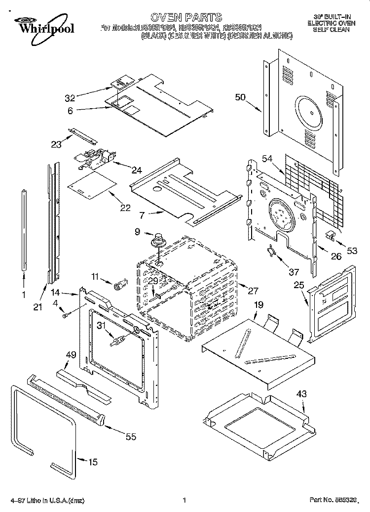 OVEN Diagram and Parts List for RBS305PDZ4  Whirlpool Wall Oven