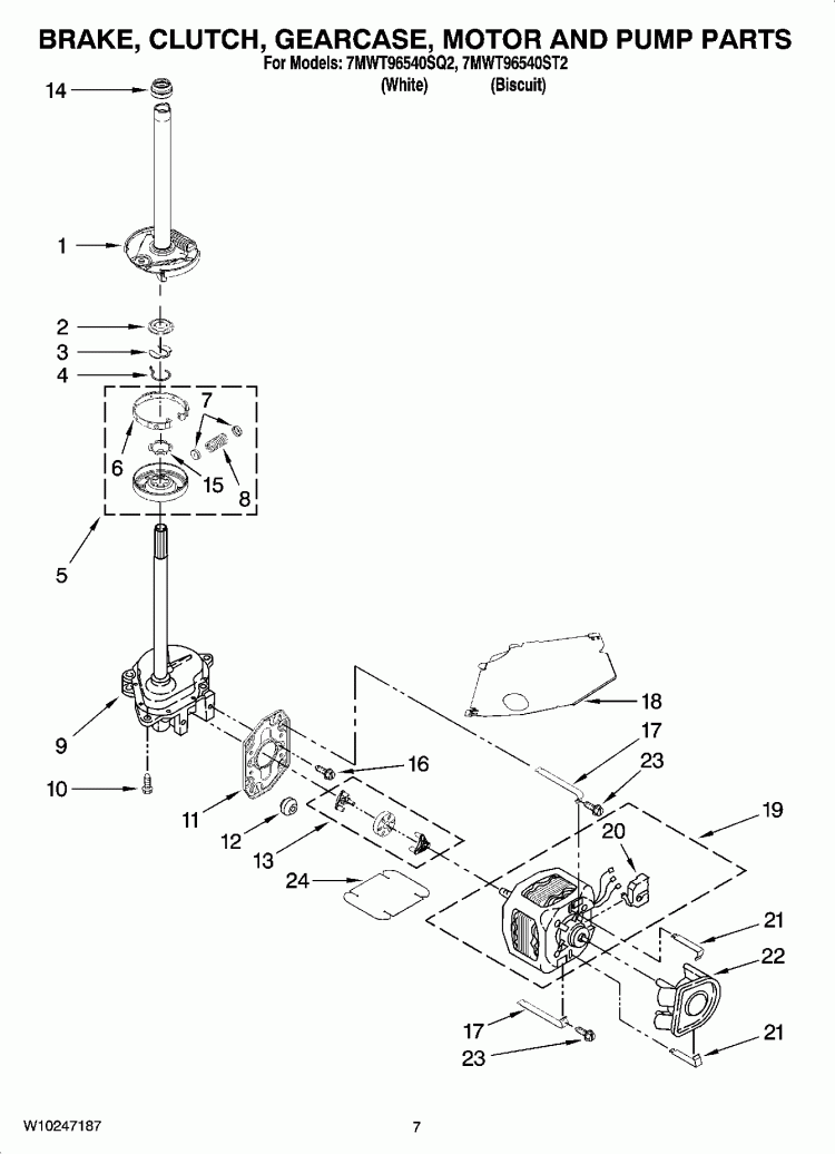 BRAKE, CLUTCH, GEARCASE, MOTOR AND PUMP PARTS Diagram and Parts List for 7MWT96540ST2  Whirlpool Washer