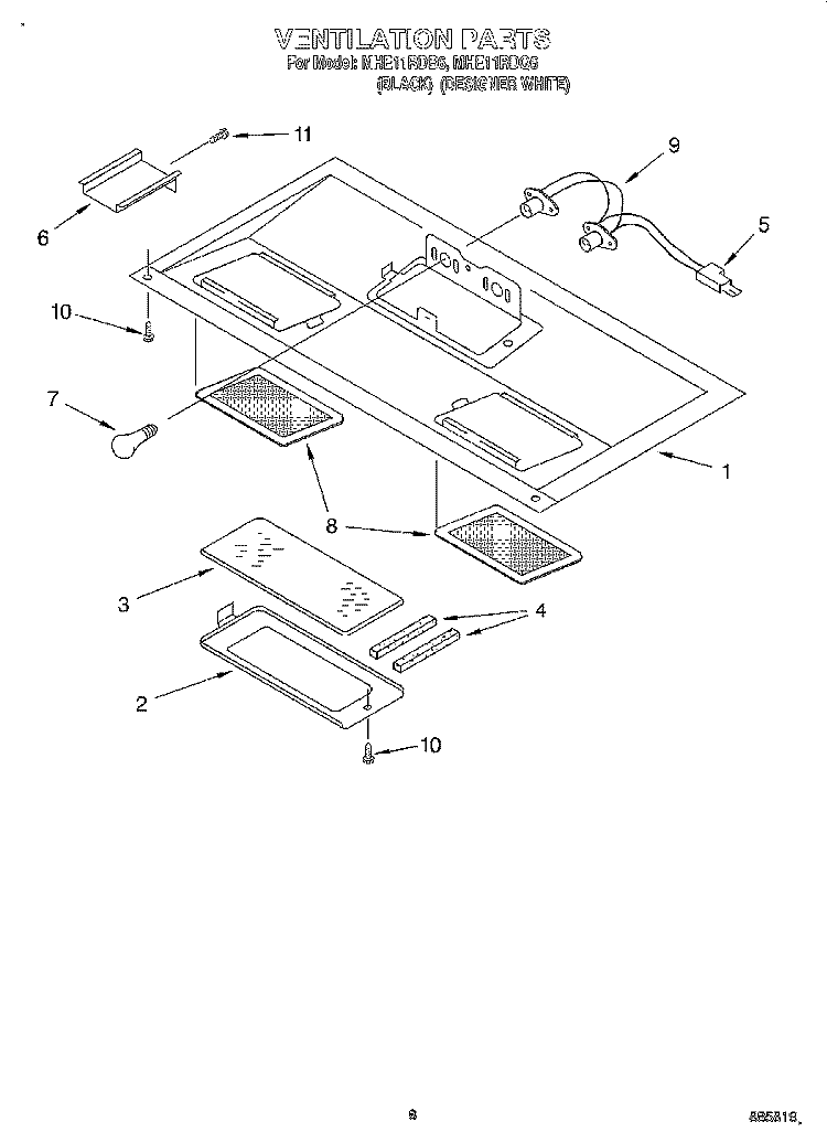 VENTILATION Diagram and Parts List for MHE11RDB6  Roper Microwave