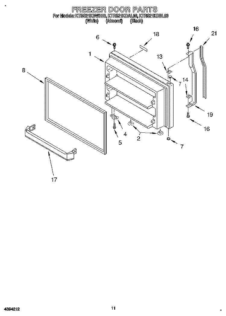 FREEZER DOOR, LIT/OPTIONAL Diagram and Parts List for KTRS21KDAL03  KitchenAid Refrigerator