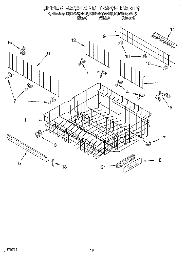 UPPER RACK AND TRACK Diagram and Parts List for KUDV24SEAL5  KitchenAid Dishwasher