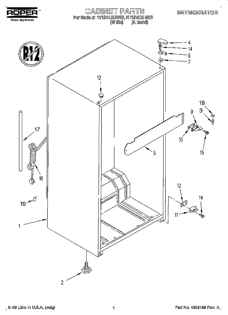 CABINET Diagram and Parts List for RT12VKXHW00  Roper Refrigerator