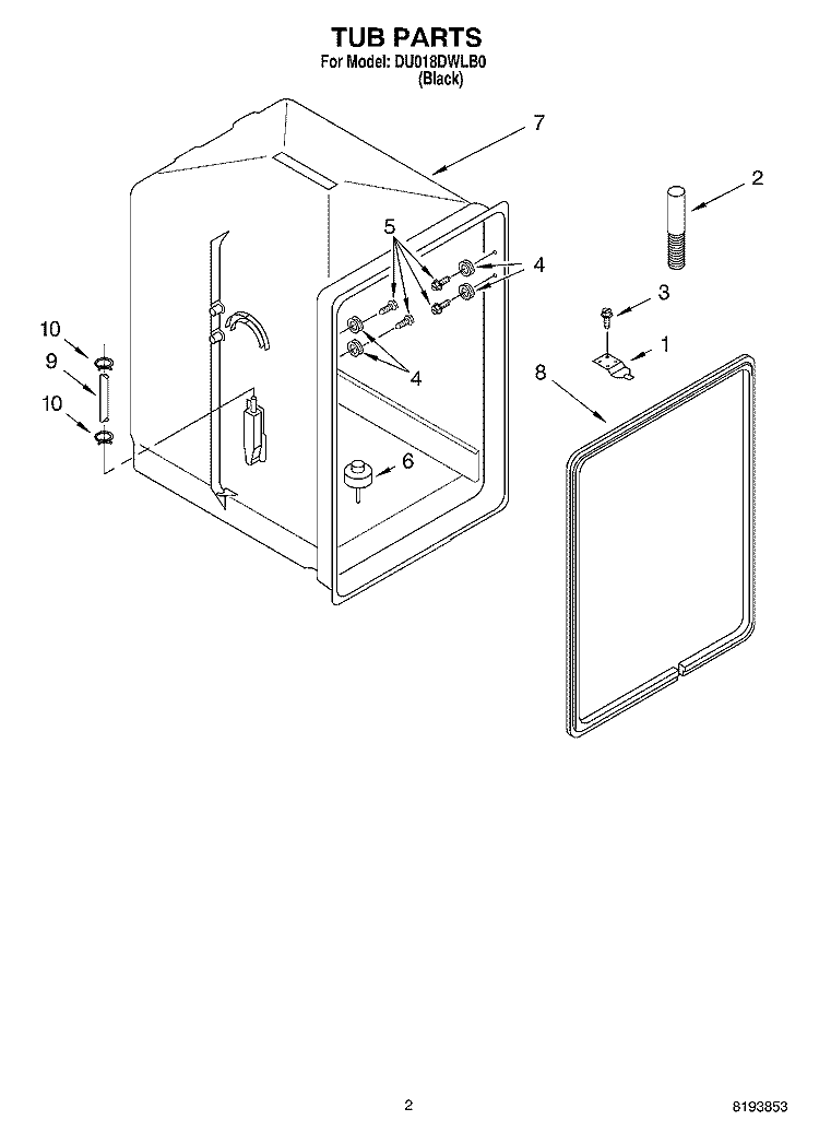 TUB PARTS Diagram and Parts List for DU018DWLB0  Whirlpool Dishwasher