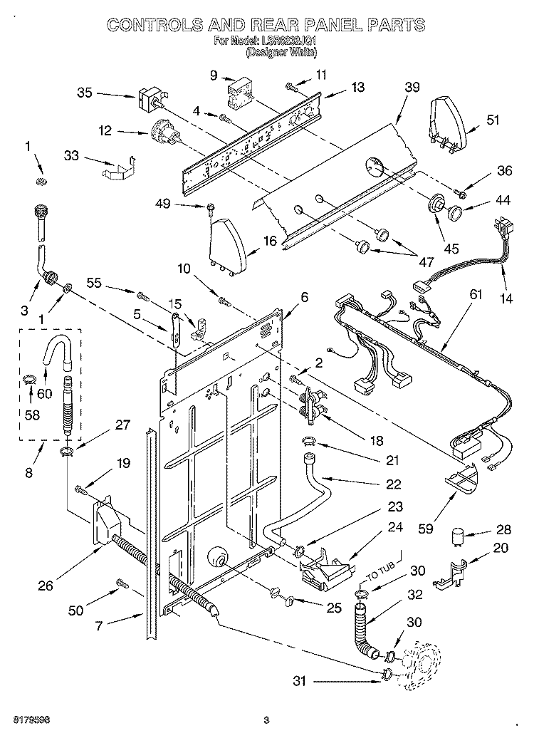 CONTROLS AND REAR PANEL Diagram and Parts List for LSR6232JQ1  Whirlpool Washer
