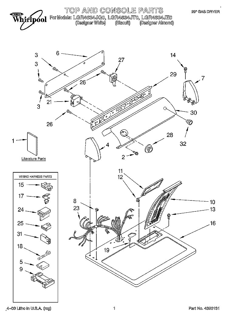 TOP AND CONSOLE, LIT/OPTIONAL Diagram and Parts List for LGR4634JZ0  Whirlpool Dryer