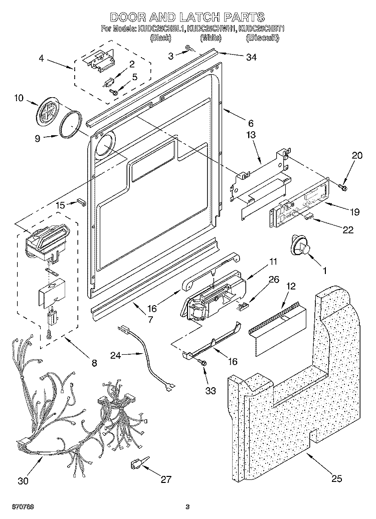 DOOR AND LATCH Diagram and Parts List for KUDC25CHBT1  KitchenAid Dishwasher