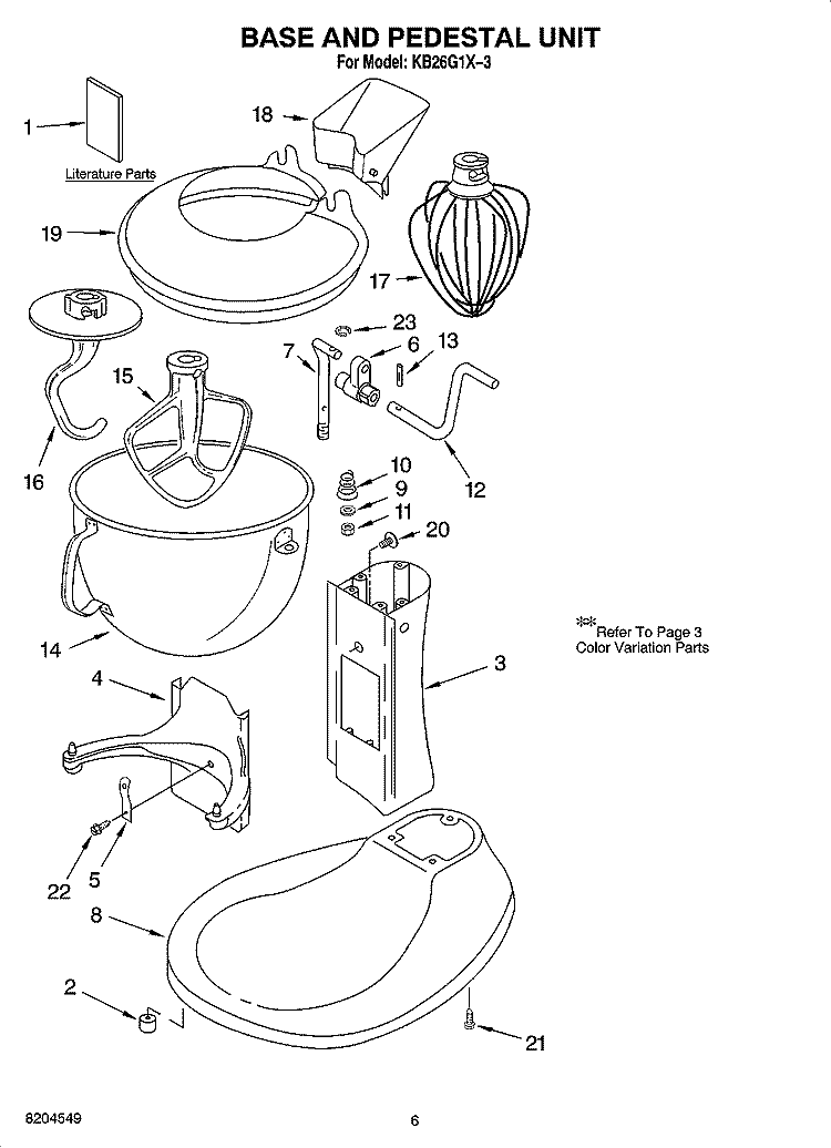 BASE, PEDESTAL UNIT AND ACCESSORY PARTS Diagram and Parts List for KB26G1X-3  KitchenAid Mixer