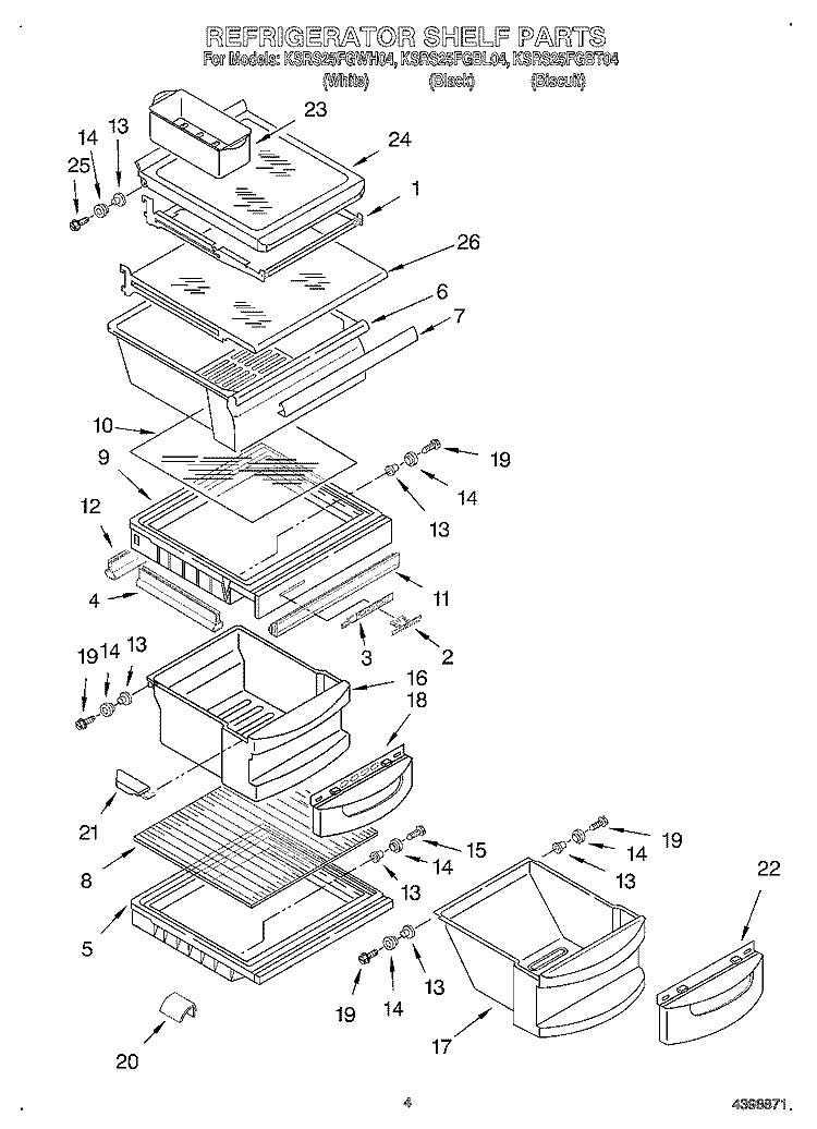 REFRIGERATOR SHELF Diagram and Parts List for KSRS25FGBT04  KitchenAid Refrigerator