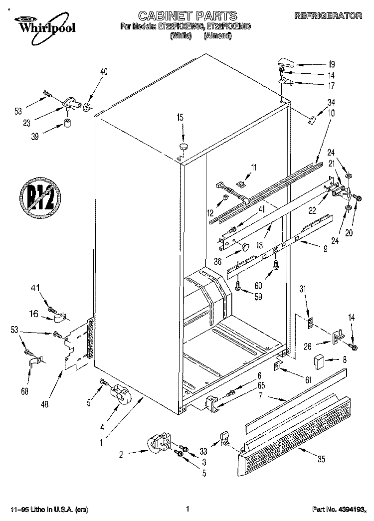 CABINET Diagram and Parts List for ET22PKXEN00  Whirlpool Refrigerator