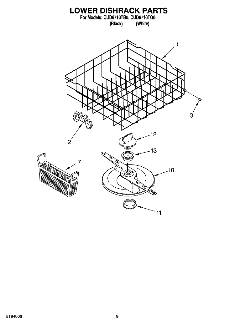 LOWER DISHRACK PARTS, OPTIONAL PARTS (NOT INCLUDED) Diagram and Parts List for CUD6710TQ0  Crosley Dishwasher