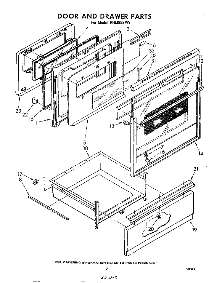 DOOR AND DRAWER Diagram and Parts List for RHM988PW  Whirlpool Range