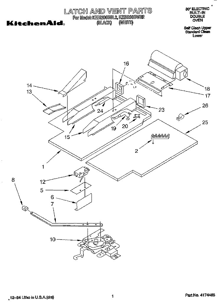 LATCH AND VENT, LITERATURE Diagram and Parts List for KEBI200BBL2  KitchenAid Wall Oven